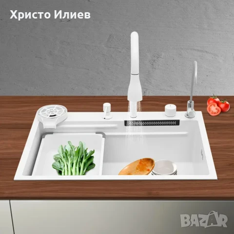 Модерна Кухненска мивка с функция водопад Луксозна Мултифункционална 68 х 46см Бяла, снимка 7 - Мивки - 51196164