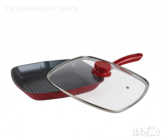 Тиган грил с капак ,Мраморно покритие, индукция, Червен, снимка 2 - Съдове за готвене - 53194115