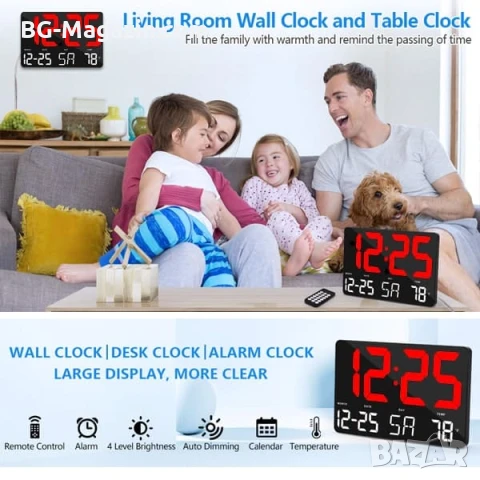 Голям модерен електронен часовник с дистанционно за бюро стена светещ на ток дигитален светещ USB, снимка 7 - Други - 51038395