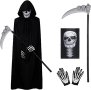 Костюм на Grim Reaper Хелоуин 4 части, черно наметало с маска на черепа, коса, скелетни ръкавици, снимка 1