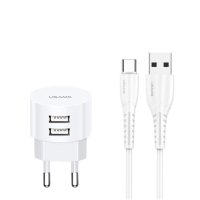 Usams Travel Charging Set Send-Tu Series (T20 Dual USB Round Charger+U35 Type-C cable) White, снимка 2 - Оригинални зарядни - 43758262