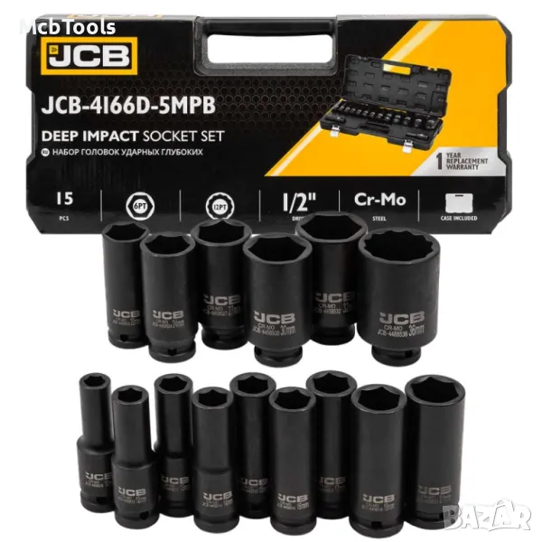 Дълбоки ударни вложки 6-стенни 1/2″ (10 – 36 мм) 15 части JCB, снимка 1