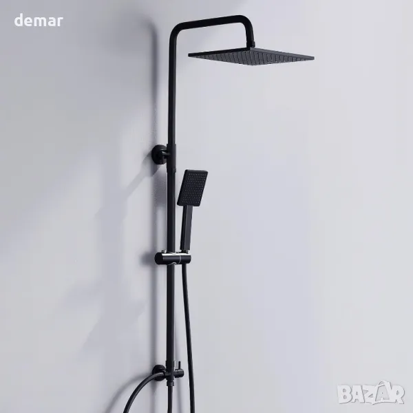 Комплект душ с регулируема релса DERW, с квадратна глава тип „Rainfall“ 25 см, черен, снимка 1