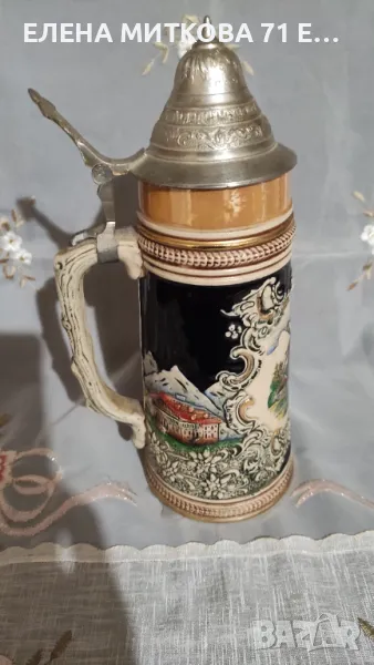 Голяма немска релефна халба с калаен капак-ръчна изработка, снимка 1