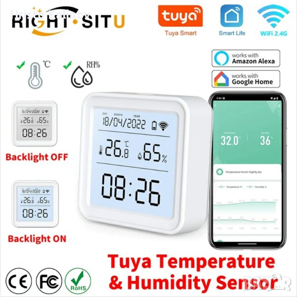 WiFi Смарт безжичен сензор за температура и влажност, Tuya WiFi smart, снимка 1