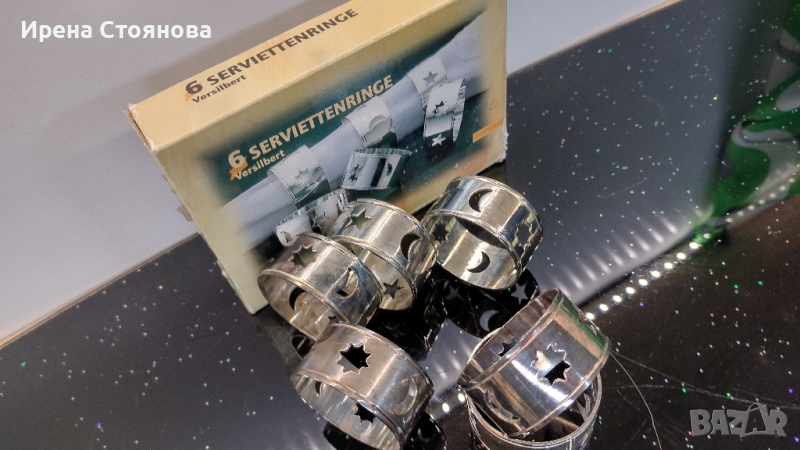 Комплект от 6 броя посребрени пръстени за салфетки с коледен мотив. Нови в оригинална опаковка. , снимка 1
