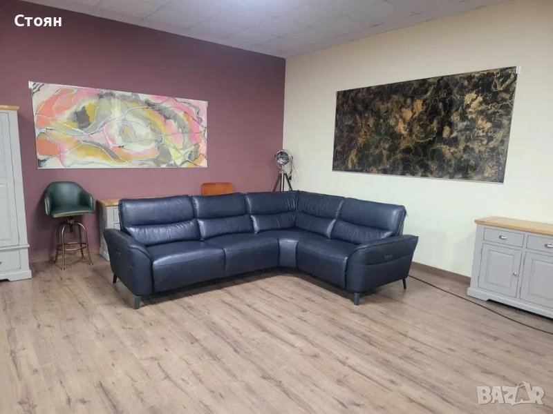 Тъмно син кожен ъглов диван с електрически релаксиращ механизъм, снимка 1