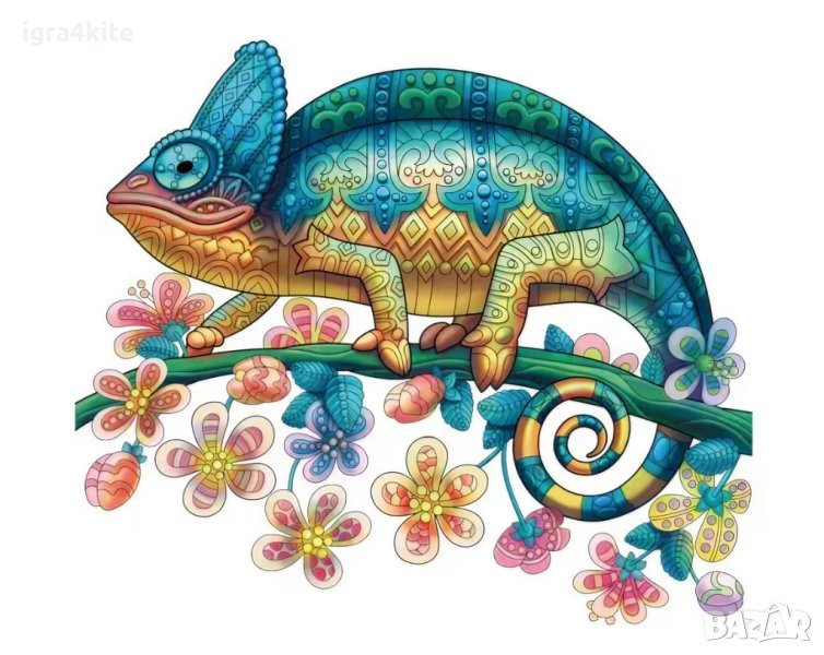 Дървен пъзел животни НЕФРИТЕН ХАМЕЛЕОН/ А4 формат Размер М / 27модела, снимка 1