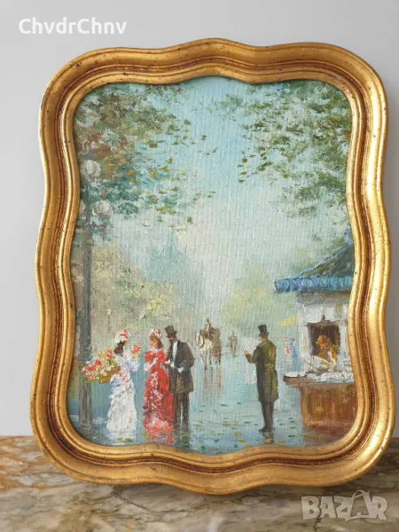 46х36см/малка стара картина масло върху платно-фазер/градски пейзаж/заоблена дървена рамка, снимка 1