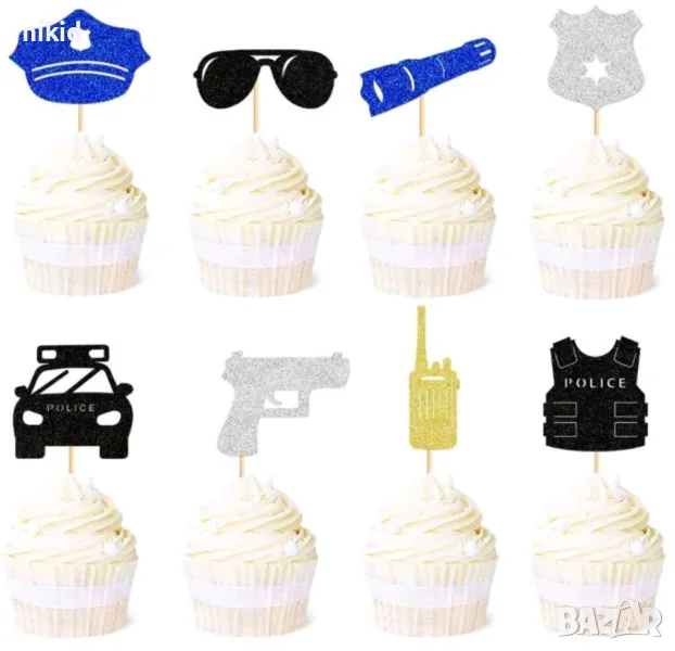 9 бр Полицейски Полицай police брокатени топери за мъфини кексчета декор торта парти, снимка 1