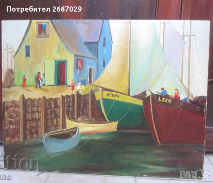 60х80 см. ГОЛЯМА скандинавска картина лодки пристанище, Варна, наивизъм, снимка 1