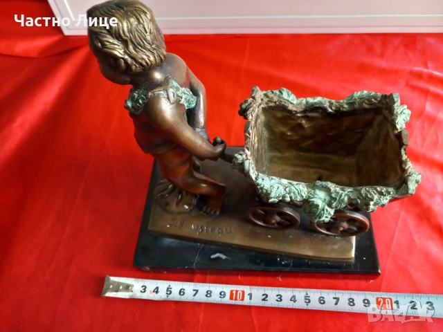 Jacques Bousseau Стара Бронзова Статуетка Херувим с Количка, снимка 10 - Антикварни и старинни предмети - 52489251