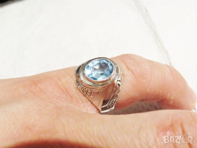 Стар  мъжки сребърен пръстен с голям камък - аквамарин - стар внос от Щатите ., снимка 1 - Пръстени - 32351178