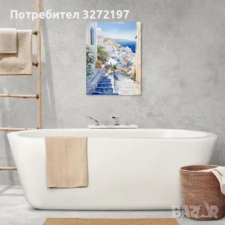 Картина на платно с дървена рамка-Средиземноморска крайморска сцена,30x40 см., снимка 4 - Картини - 48464601