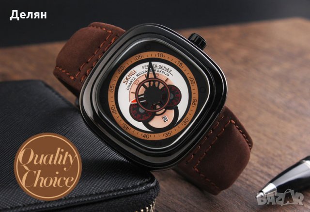 Мъжки часовник с кафява каишка, правоъгълен, с дата, снимка 3 - Мъжки - 27981900