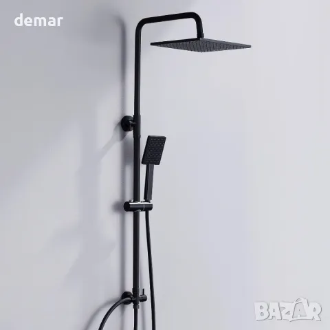 Комплект душ с регулируема релса DERW, с квадратна глава тип „Rainfall“ 25 см, черен