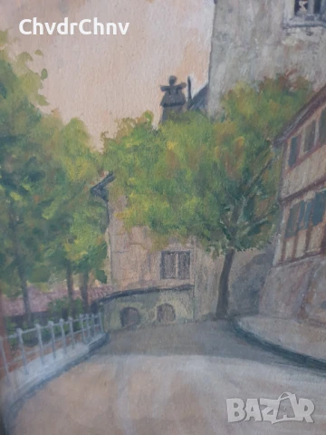 Чифт стари малки картини акварел върху картон/замъци/1912/картина в дървена рамка 41х31см, снимка 8 - Картини - 51192322