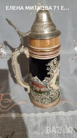 Голяма немска релефна халба с калаен капак-ръчна изработка, снимка 1