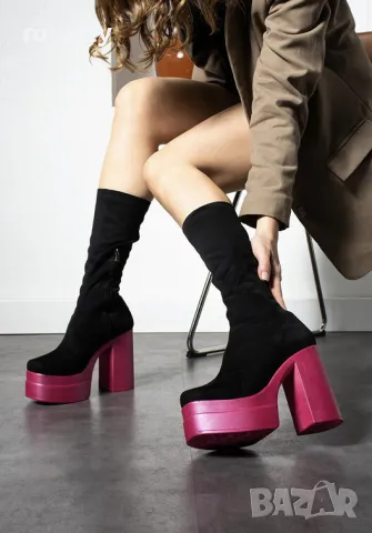 Ботуши на ток - черен велур с ходило цвят маджента