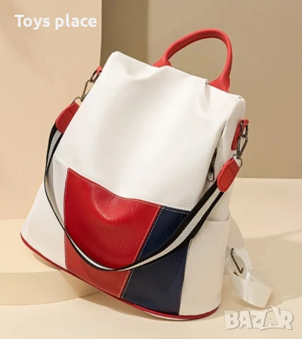 Нова кожена раница, дамска раница бяло и червено , снимка 3 - Раници - 53522401