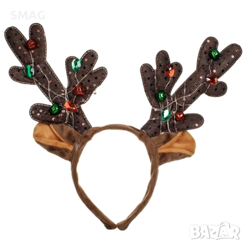Коледна диадема с ушички, бронзови рога с пайети и LED светлини_1255075, снимка 2 - Шноли, диадеми, ленти - 52730947