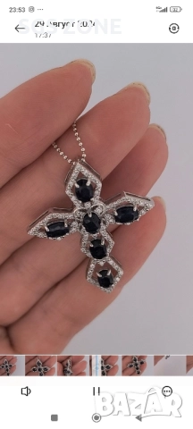 сребърен кръст с естествен син сапфир, снимка 7 - Колиета, медальони, синджири - 52392866