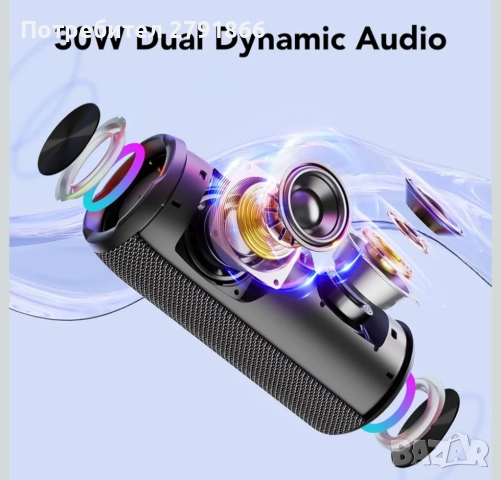 Преносим Bluetooth високоговорител taopodo до 30W стерео звук, 3 EQ режима и RGB светлини,IPX7