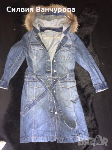 Дънкова красота с яка от лисица, снимка 3 - Палта, манта - 27397262