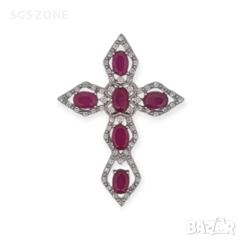 Стилен и масивен сребърен кръст с рубин от Таиланд, снимка 2 - Колиета, медальони, синджири - 53324103