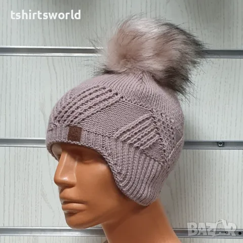 Нова детска зимна шапка тип ушанка с помпон в розов цвят