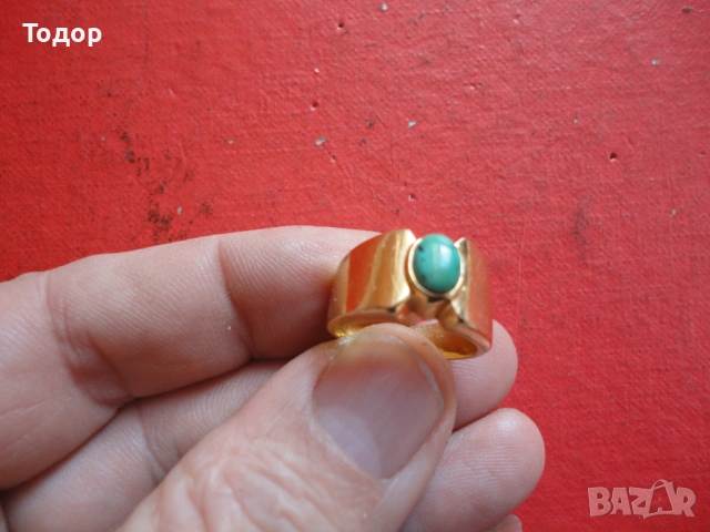 Позлатен пръстен с тюркоаз D.C.S., снимка 3 - Пръстени - 53046425