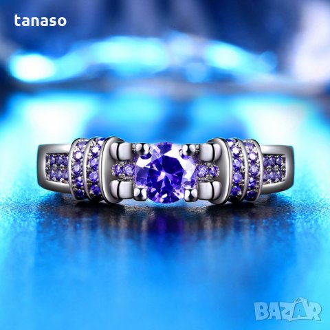 Пръстен с лилави циркони, посребрен, снимка 2 - Пръстени - 27312470