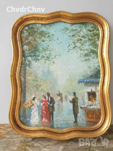 46х36см/малка стара картина масло върху платно-фазер/градски пейзаж/заоблена дървена рамка