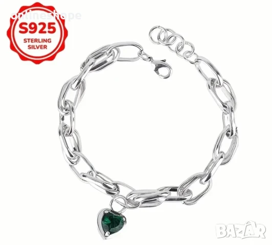 S925 Сребро / Сребърна гривна със зелен цирконий - 20см, снимка 5 - Гривни - 49256820