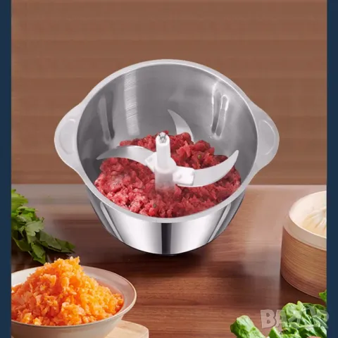 Супер цена! Нов кухненски чопър 3 литра, Неръждаема стомана, 2 скорости, 4 остриета, снимка 4 - Чопъри и пасатори - 50437282