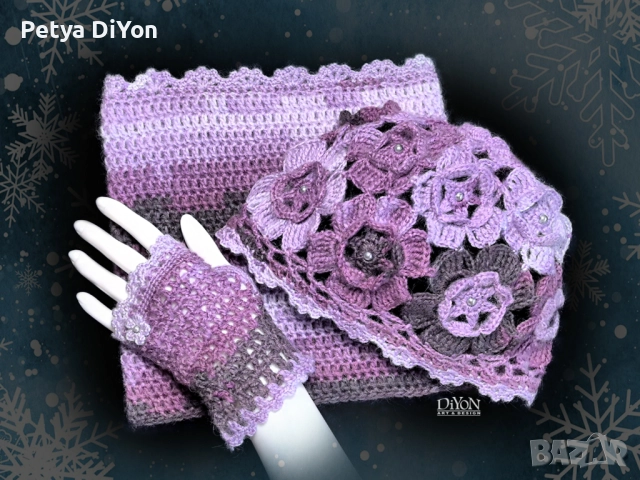 Ръчно плетени шапка ръкавици без пръсти и шал в лилаво, снимка 2 - Шапки - 52614592