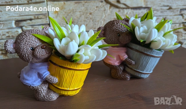 Букет свежи кокичета от ароматен сапун в керамична кашпа мече , снимка 8 - Декорация за дома - 53464091