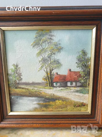 23x21см/3бр малки стари картини масло върху платно/селски пейзажи/картина в дървена рамка, снимка 2 - Картини - 48789469