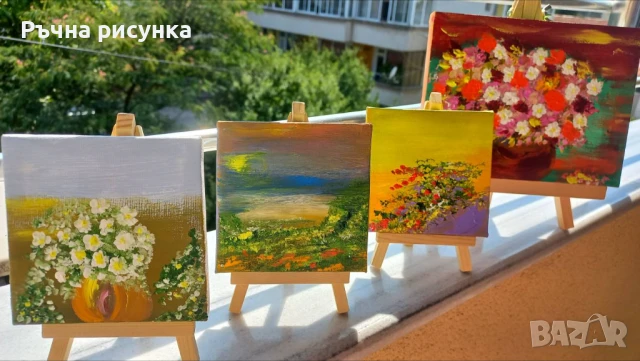 Малки рисувани картини с природа и море със статив , снимка 13 - Декорация за дома - 44423656