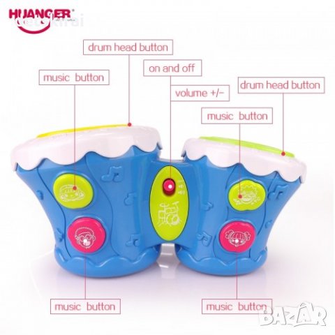 Бебешки музикални барабани Huanger - Сини, снимка 3 - Музикални играчки - 39117018