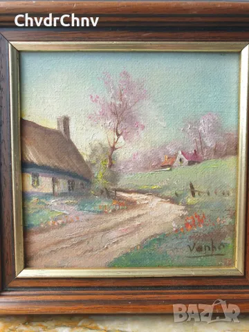 23x21см/3бр малки стари картини масло върху платно/селски пейзажи/картина в дървена рамка, снимка 3 - Картини - 48789469