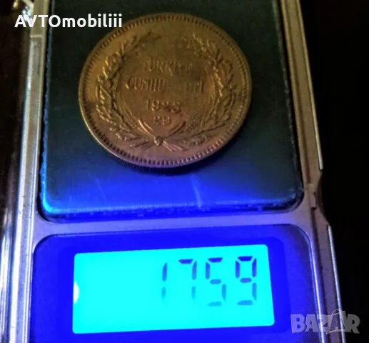 Копие на златна турска монета 500 куруша 1952г. с позлатен 24 карат сертификат, снимка 2 - Нумизматика и бонистика - 48132872