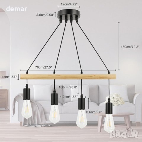 FORCOSO дървена висяща лампа (4 крушки), черна, регулируема, снимка 5 - Лампи за таван - 43412840
