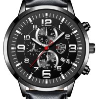 Нов черен мъжки ръчен часовник с датопоказател и кожена каишка., снимка 1 - Мъжки - 43142878