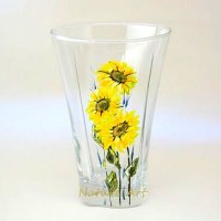 Комплект "Слъчногледи", рисувано стъкло, снимка 2 - Чаши - 35090416