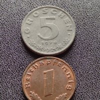 Две монети 1 райхспфенинг 1939г. Трети райх с СХВАСТИКА /5 гроша 1978г. Австрия орел Хералдика 22373, снимка 1 - Нумизматика и бонистика - 40637825