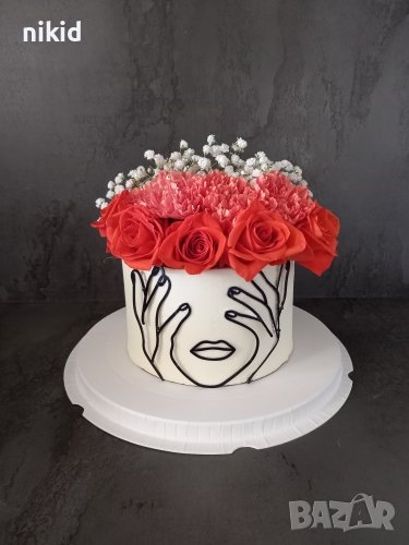4 вид Абстрактно дамско лице с ръце контур черен топер украса декор торта, снимка 1