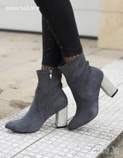 Боти на ток - сив велур - BL00013, снимка 1