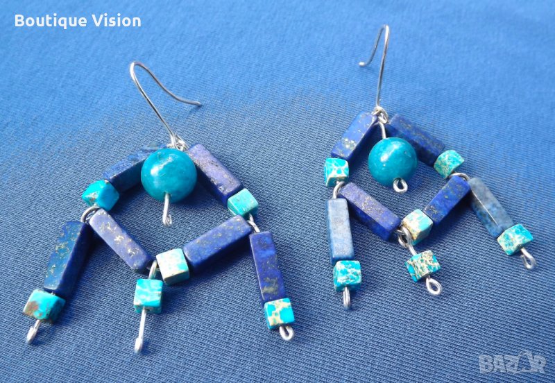 Ново! 2 вида сребърни обеци, проба 950 с естествени камъни - Апатит, Лапис Лазули и Яспис, снимка 1