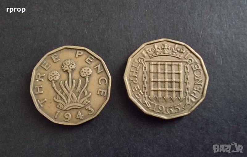 Монети. Англия. Великобритания. Три пенса . 1943 и 1965 година. 2 бройки., снимка 1